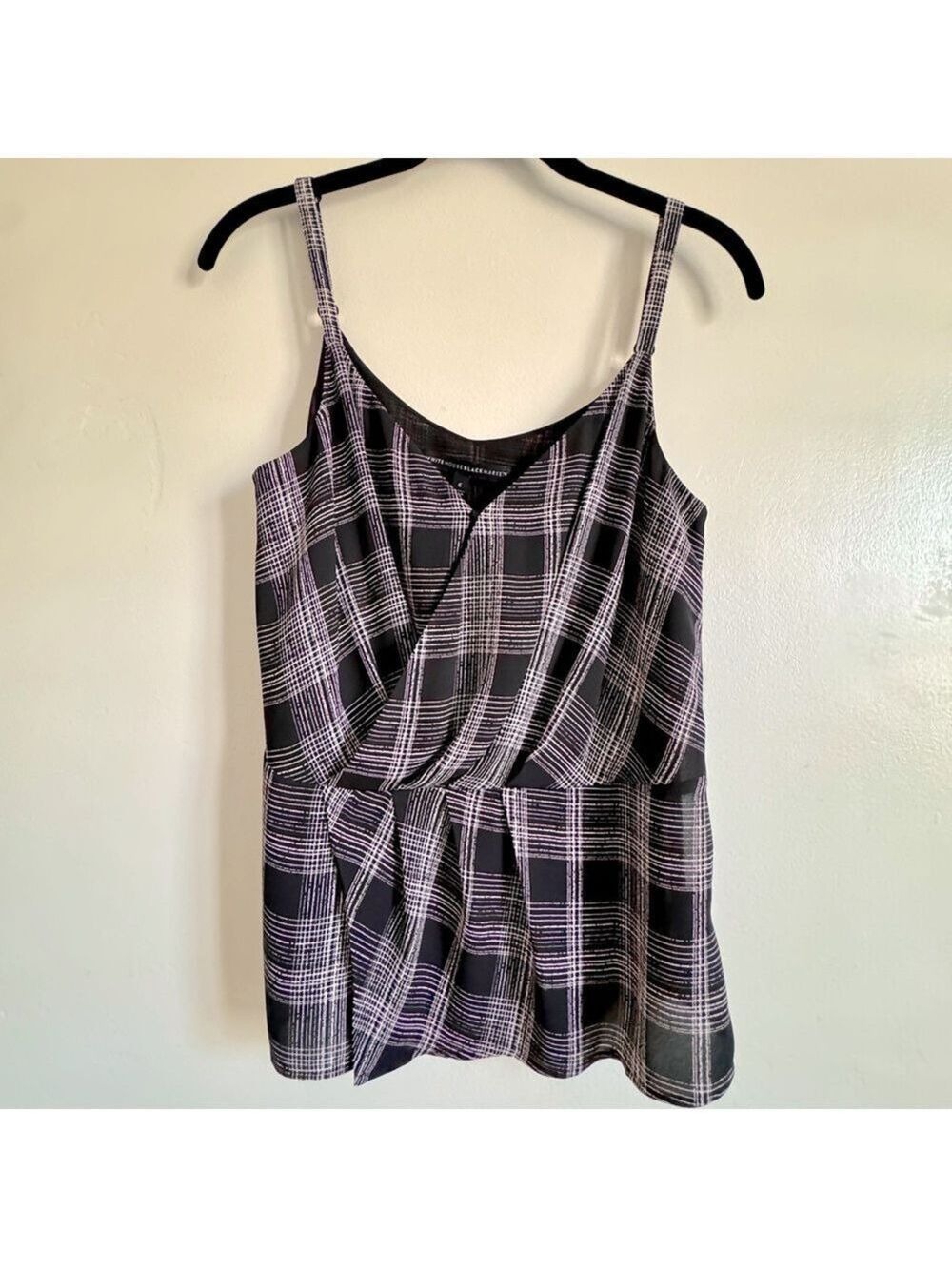 White House Black Market V-Neck Camisole Blouse, Black Plaid, Size 6